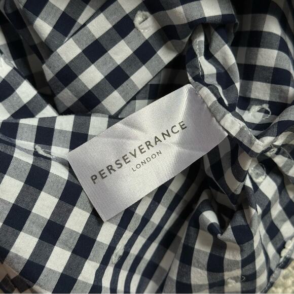 Perseverance Blue White Gingham Daisy Floral Short Puff Sleeve Midi Dress Size 8 - Picture 8 of 10